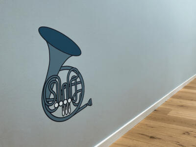Illustration eines Waldhorns in einem Raum der Musikita